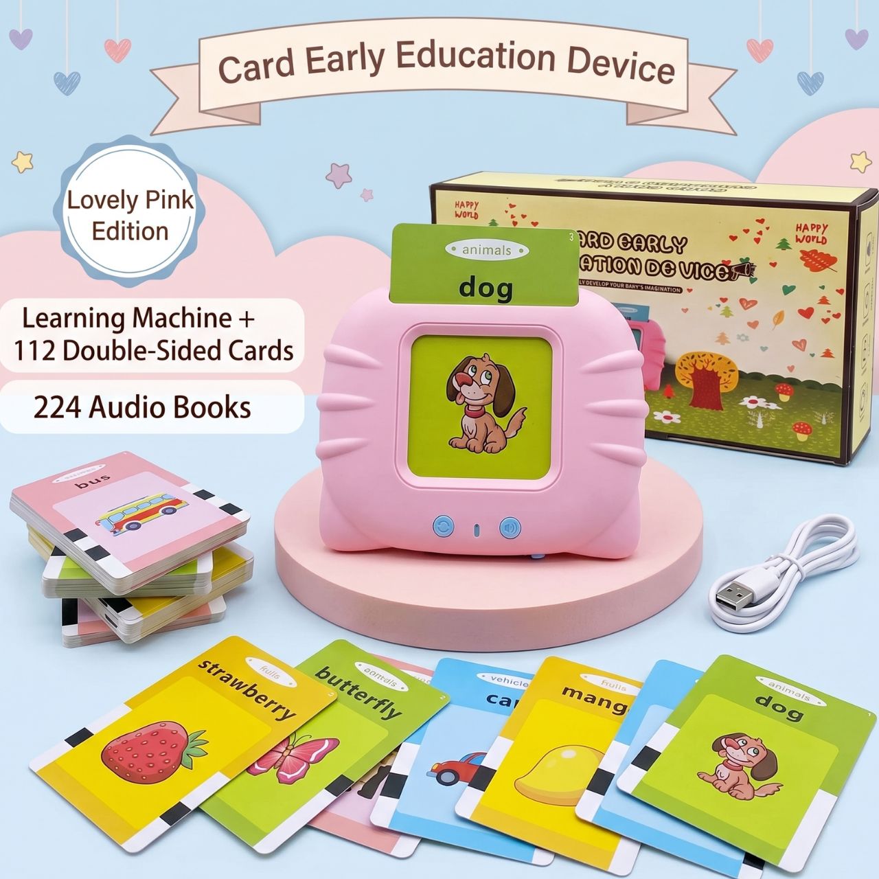 Educational Talking Flash Card Reader for Kids with 224 Cards, Audio Learning Device, Vocabulary Trainer, Montessori Preschool Toy
