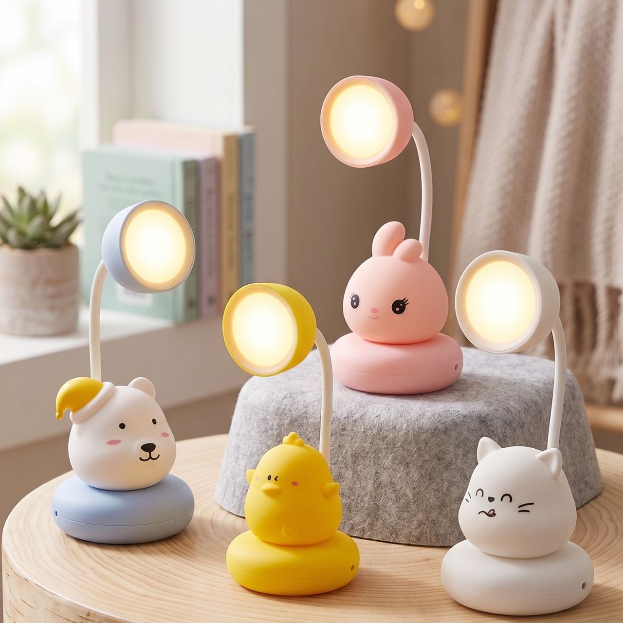 Cute Cartoon LED Rechargeable Table Lamp with Flexible Neck, USB Dimmable Night Light, Eye Protection Study Lamp for Kids